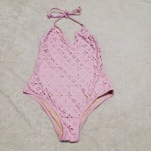 J. Crew Soft Pink Laser Cut Eyelet One Piece Solid Halter Swimsuit Swim Women 6
